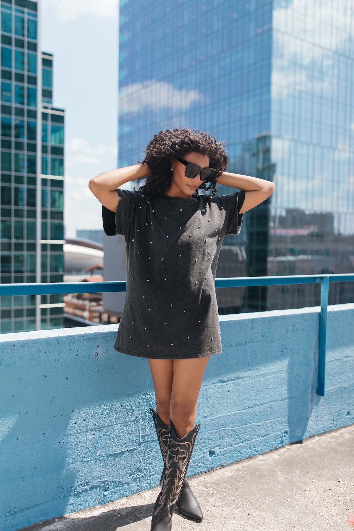 Studded T-Shirt Dress, alternate, color, Charcoal