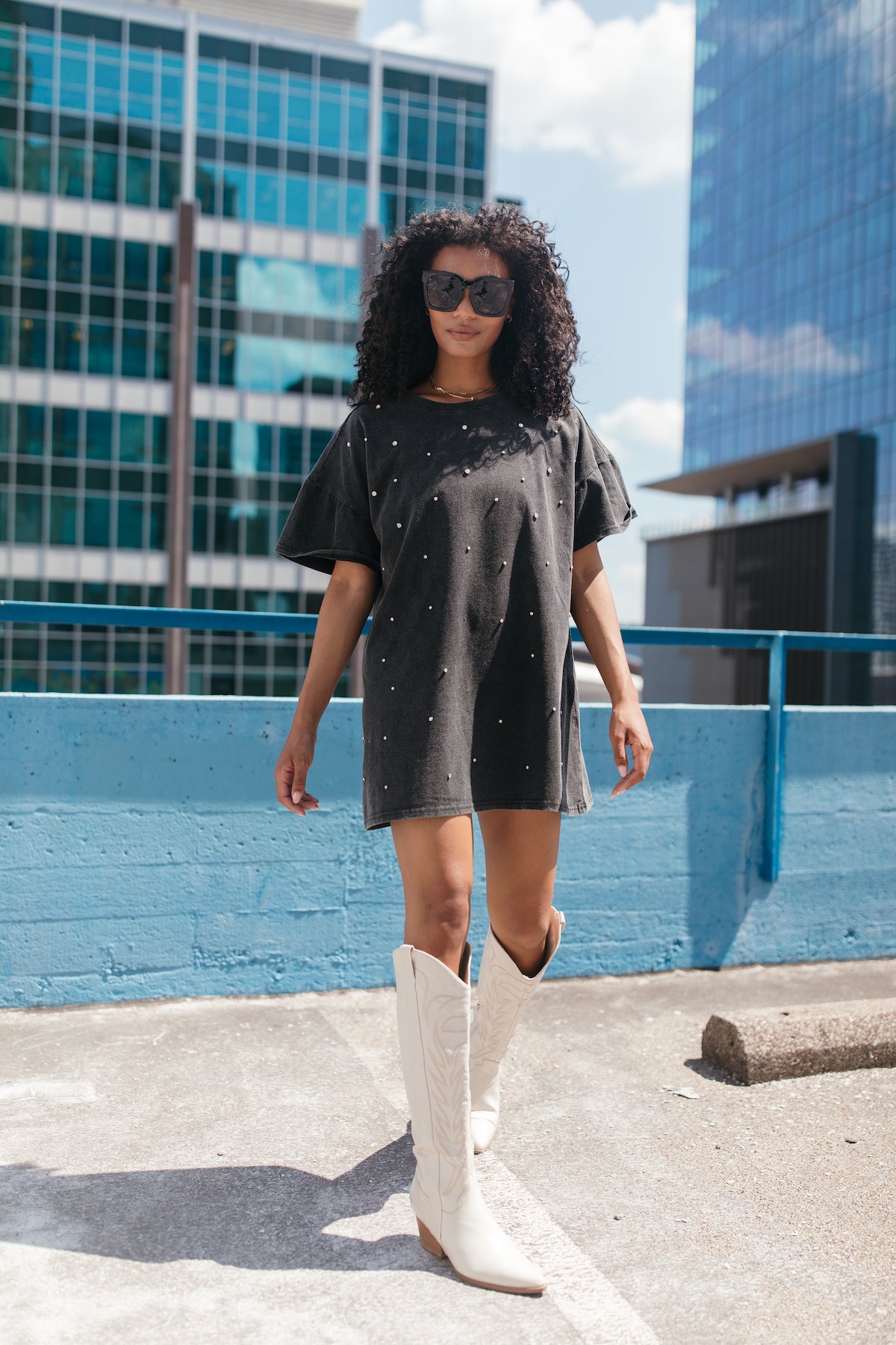Studded T-Shirt Dress, alternate, color, Charcoal