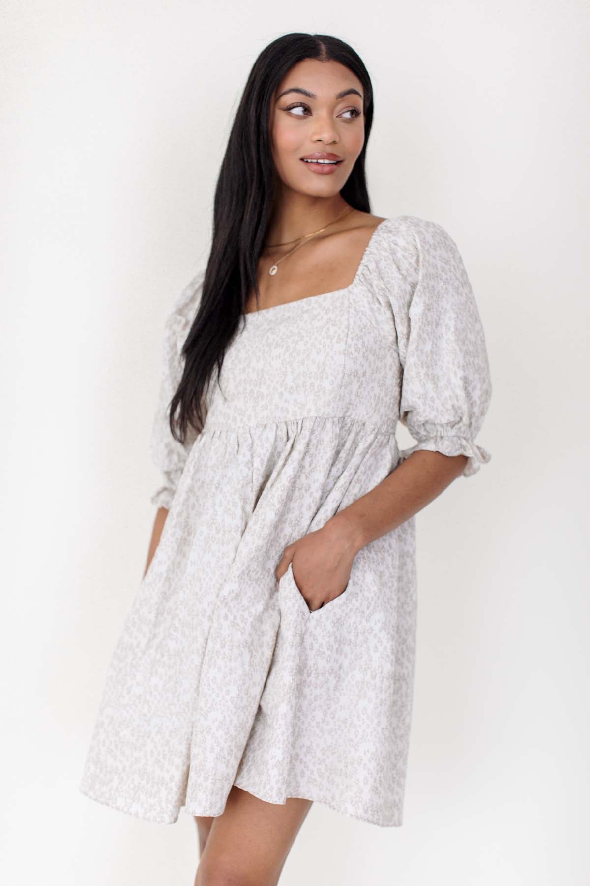 Embroidered Babydoll Dress, alternate, color, Taupe