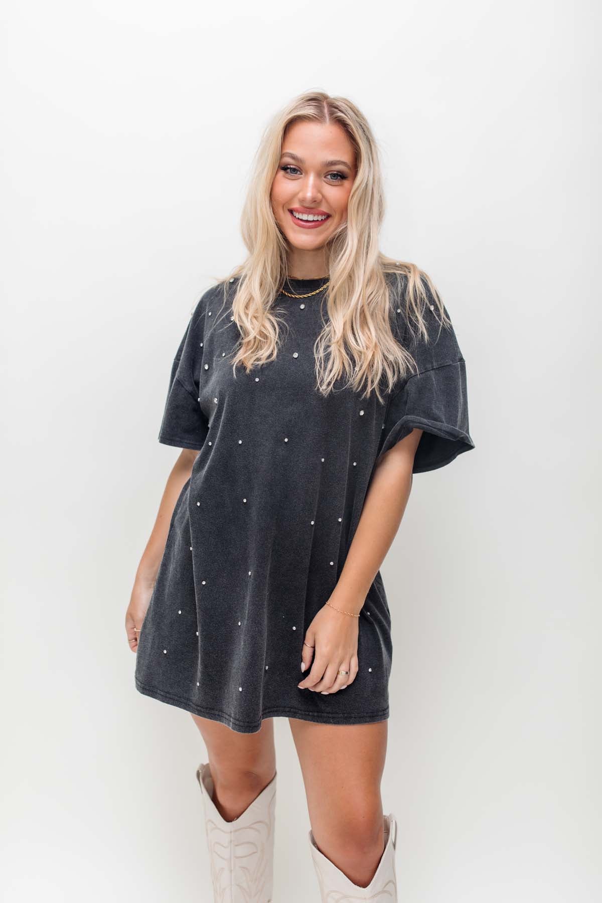 Studded T-Shirt Dress, alternate, color, Charcoal