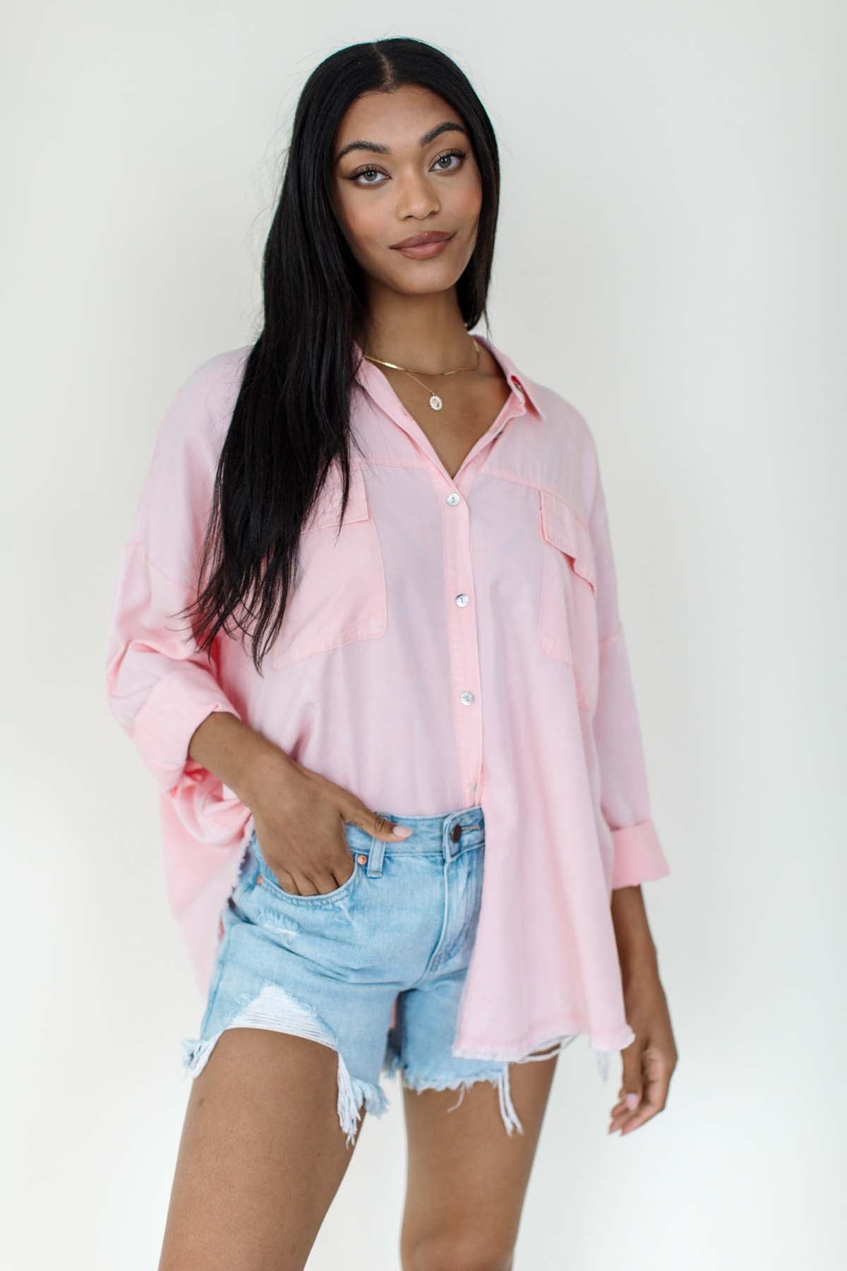 Frayed Hem Button Down, alternate, color, Bubblegum