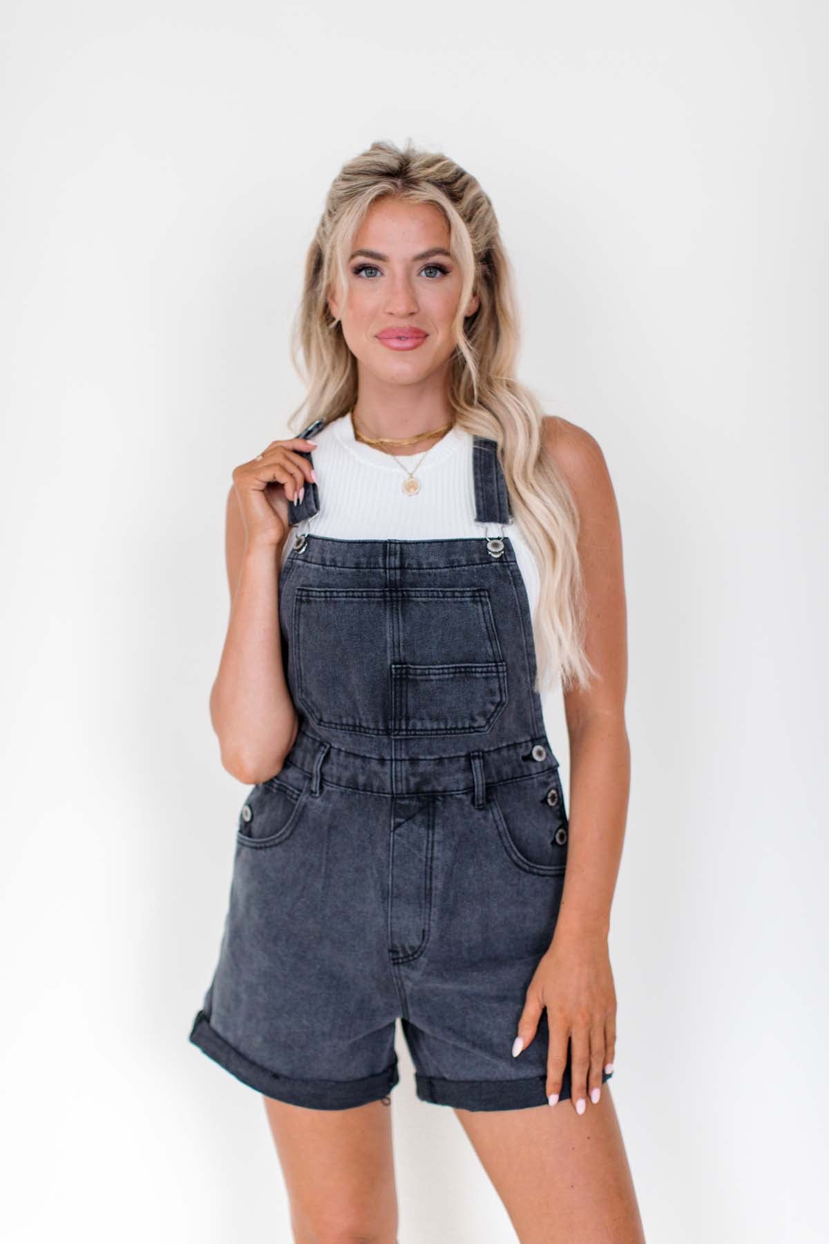 Victoria Black Denim Short Overalls, alternate, color, Black-Denim