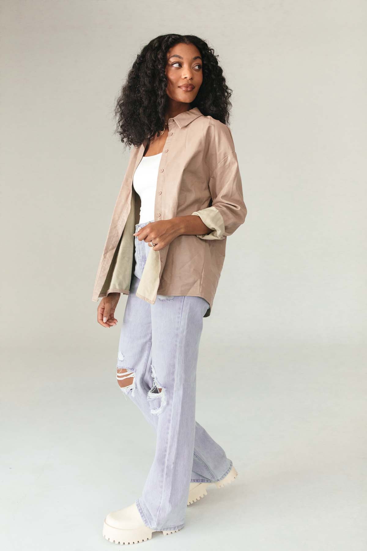 London Faux Leather Shacket, alternate, color, Taupe