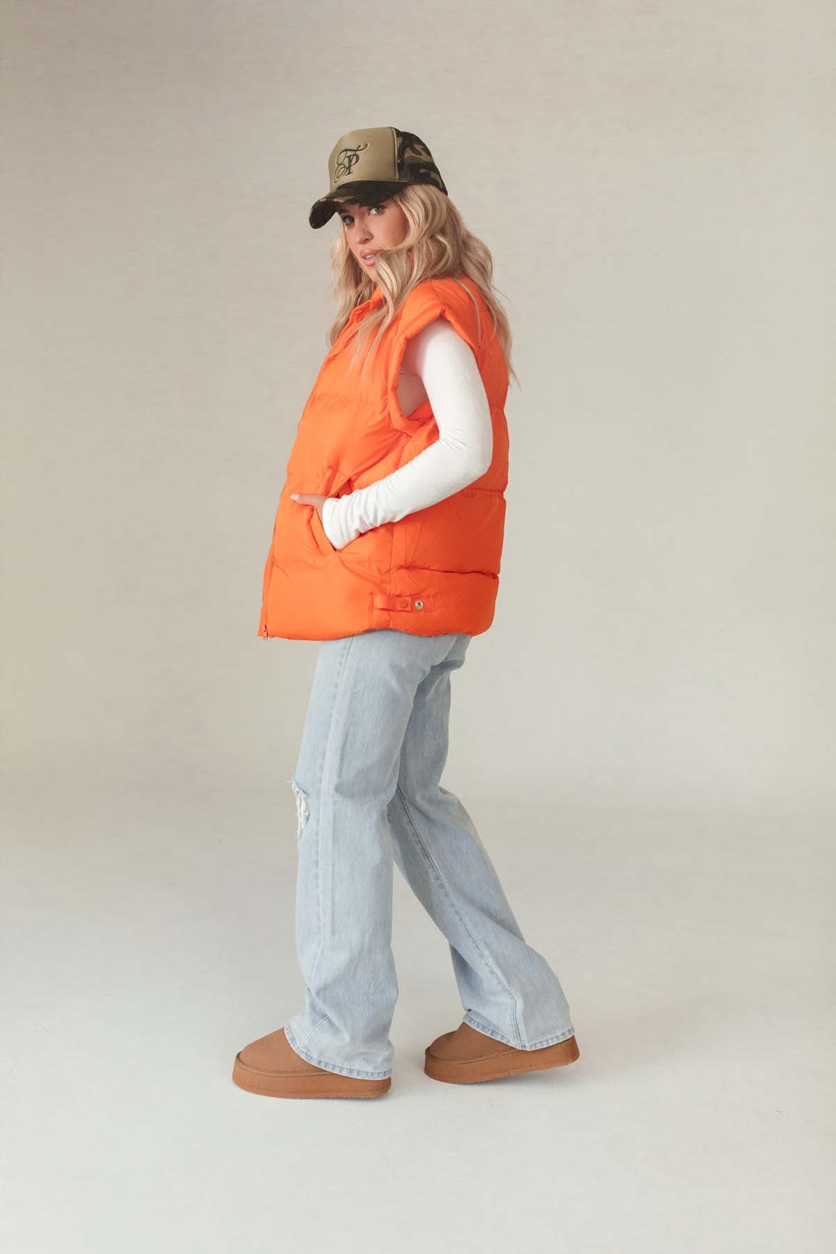Neon Orange Oversized Puffer Vest, Alternate, Color, Neon Orange