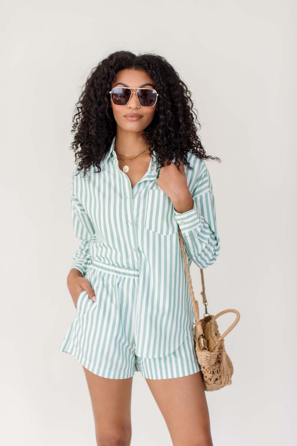 Hamptons Striped Button Down, alternate, color, Green - White