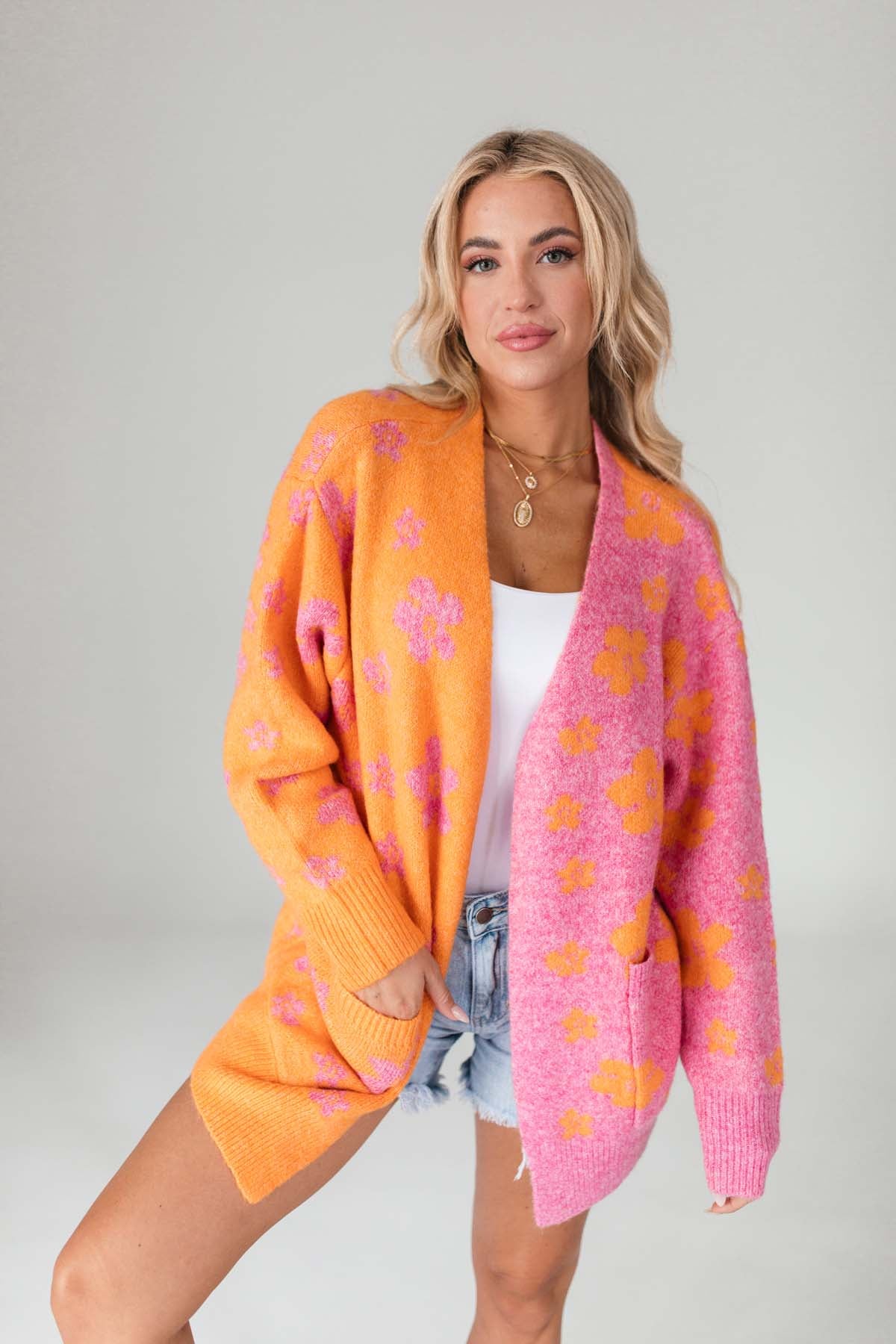 Teddi Floral Cardigan,alternate,color,Orange/Pink