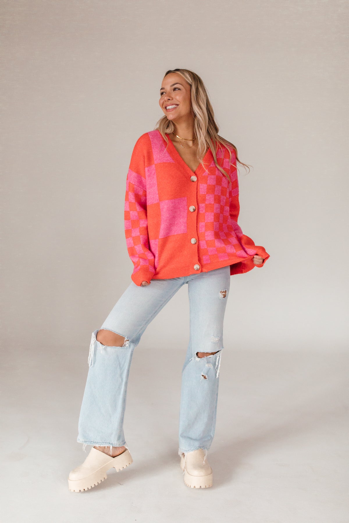 Izzy Knit Button Down, Alternate, Color, Hot Pink and Orange