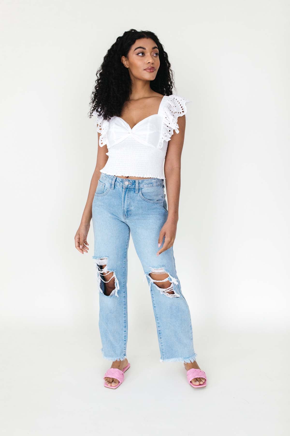 Tiffani White Smocked Top, alternate, color, White