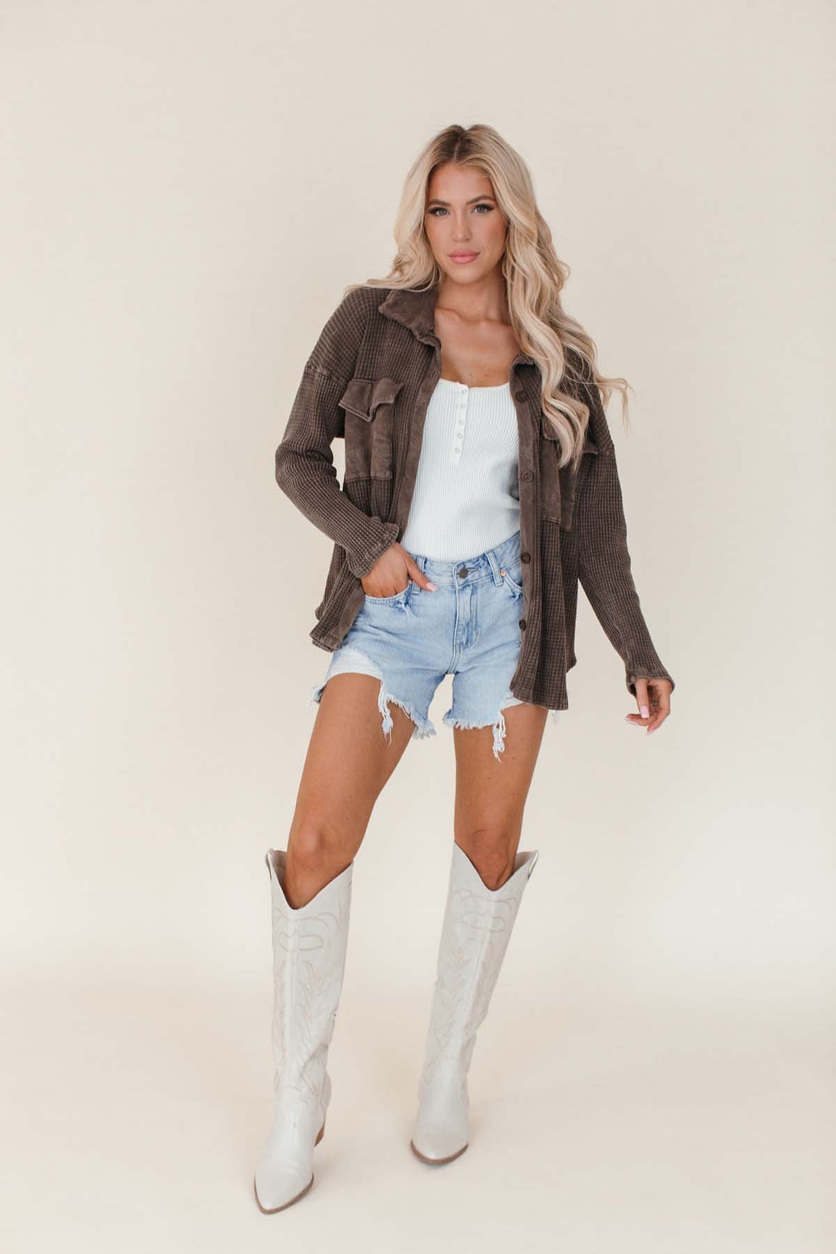 Addison Button Down Waffle Shacket, alternate, color, Distressed Brown