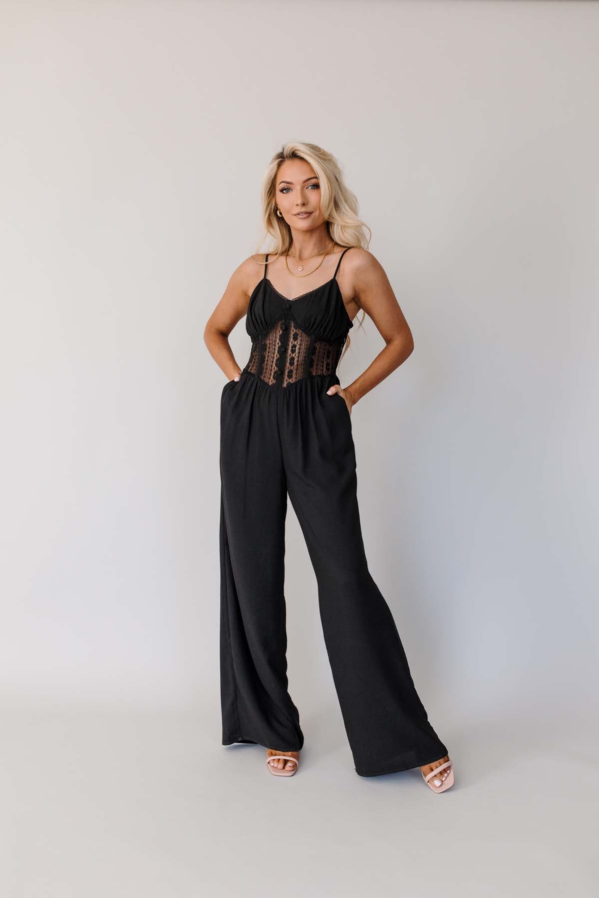 Raven Black Sheer Corset Jumpsuit, alternate, color, Black