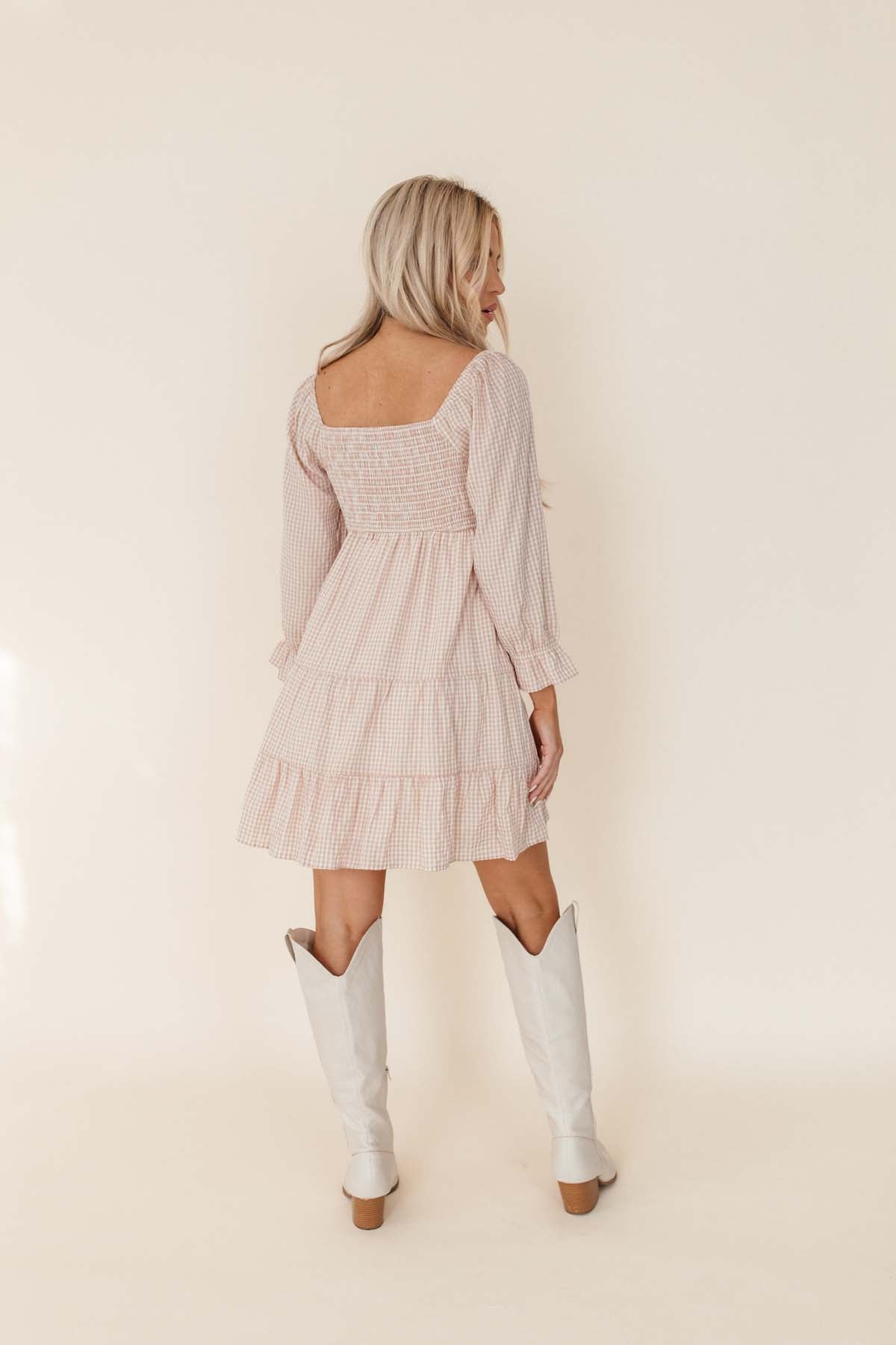 Juliana Gingham Tiered Dress, alternate, color, white-tan gingham