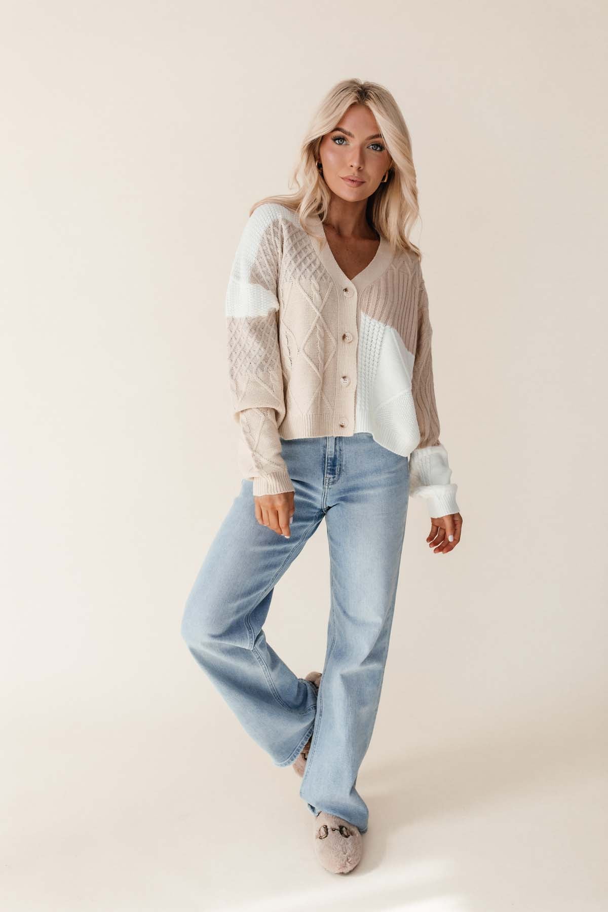 Leia Color Block Button Down Cardigan, alternate, color, tan patterned
