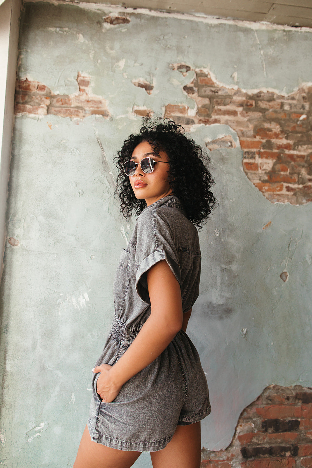 Jordan Utility Denim Romper, Alternate, Color, Grey Wash