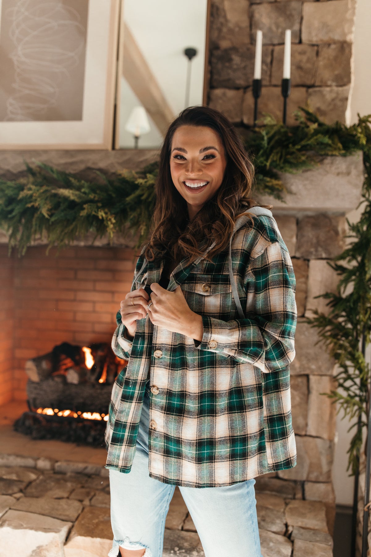 Megan Green Flannel Hoodie, Alternate, Color, Green Plaid