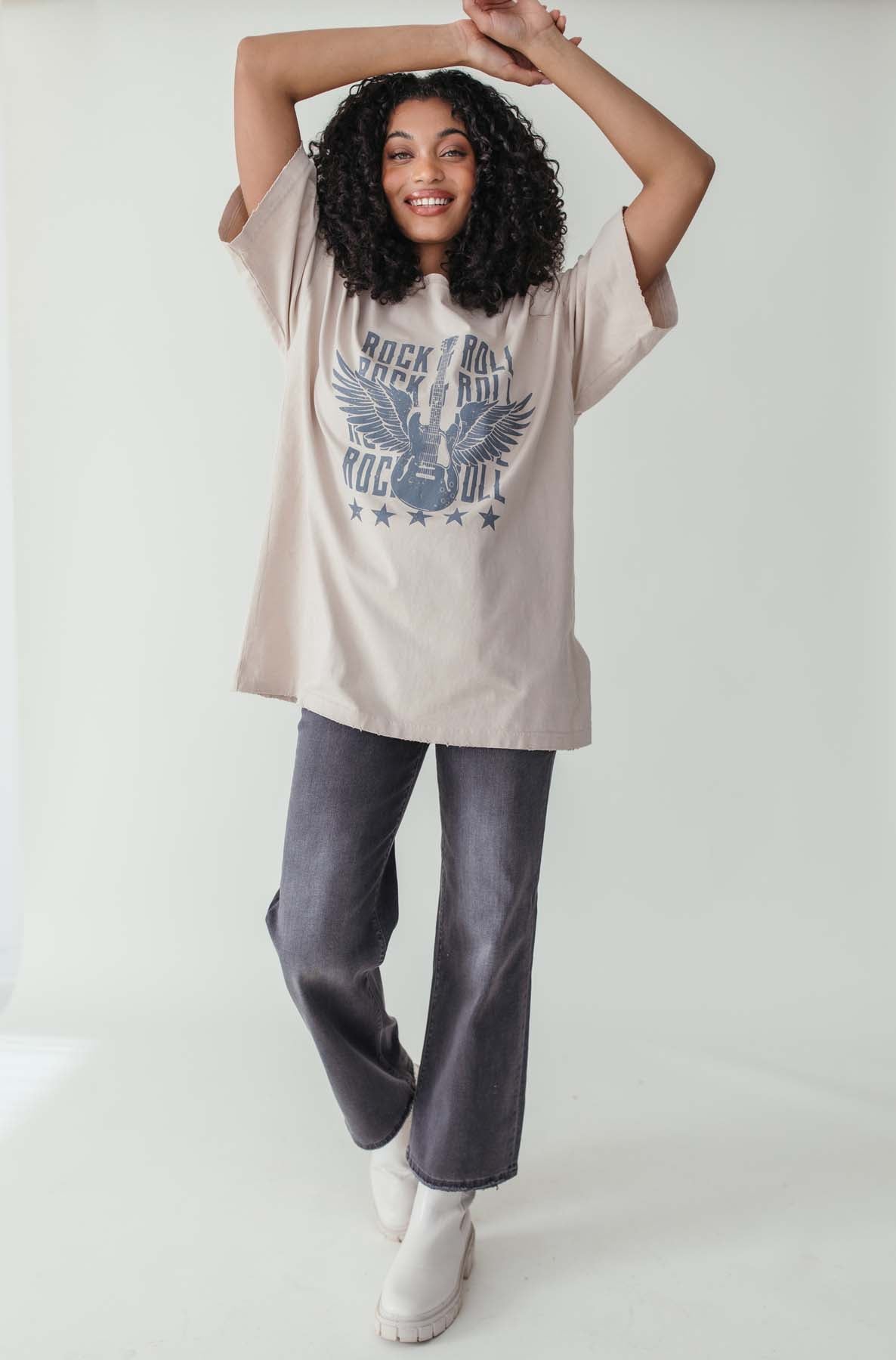 Ember Beige Rock & Roll Oversized Graphic Tee, alternate, color, beige