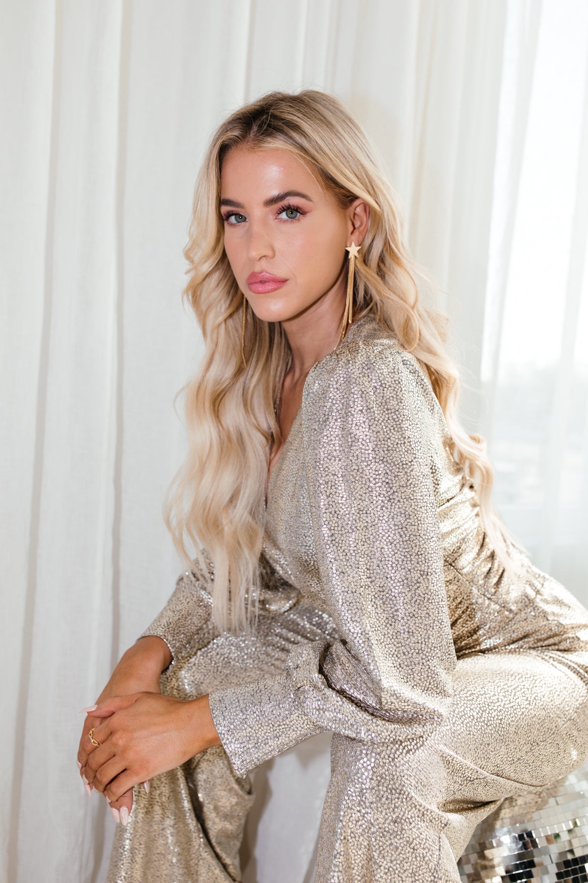 Long Sleeve Shimmer Top, Alternate, Color, Champagne
