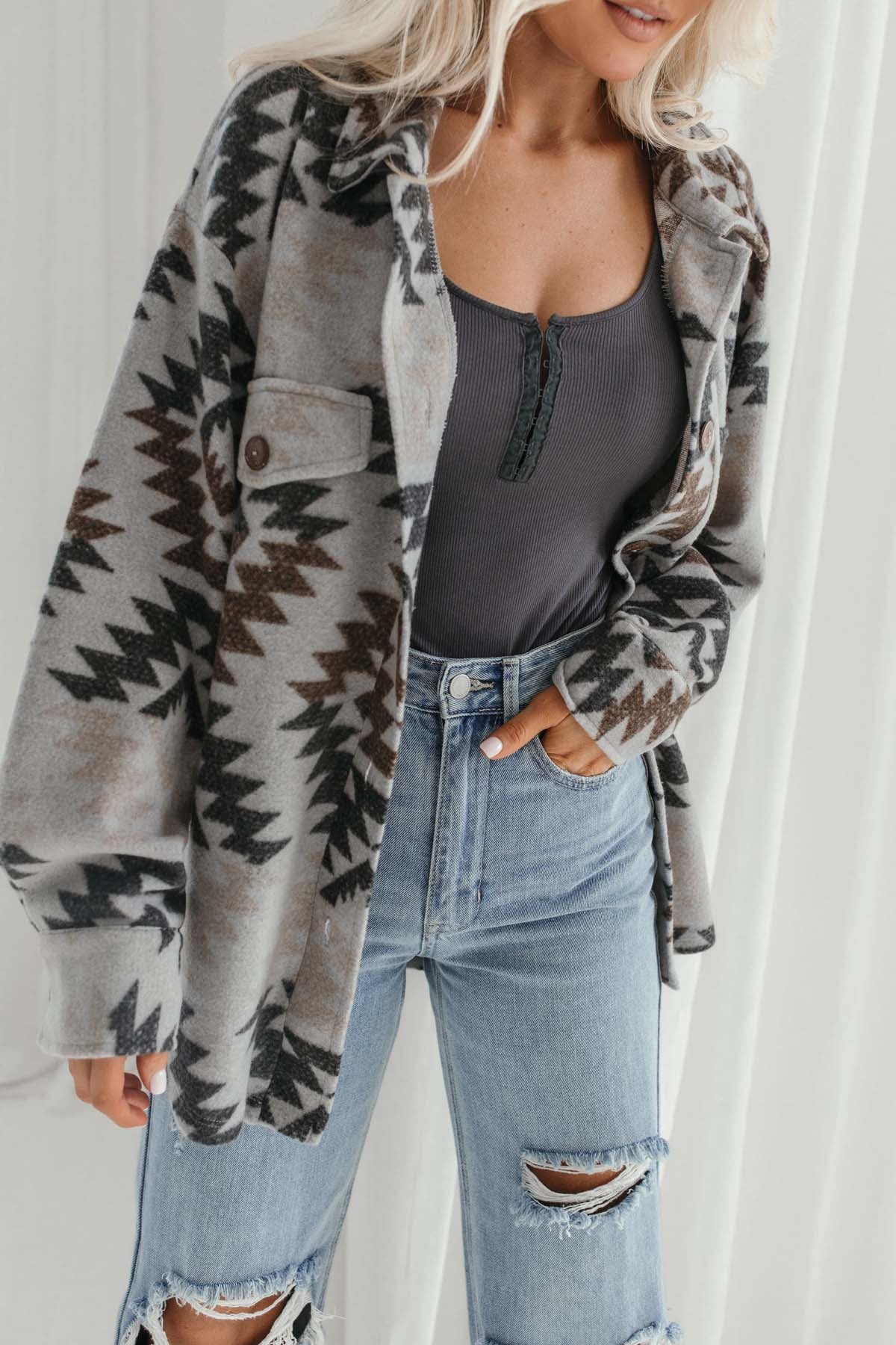 Faith Grey Aztec Shacket, alternate, color, grey