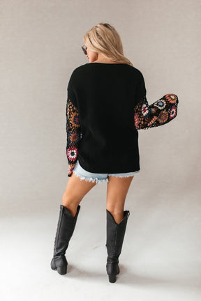 Crochet Sleeve Sweater, alternate, color, Black