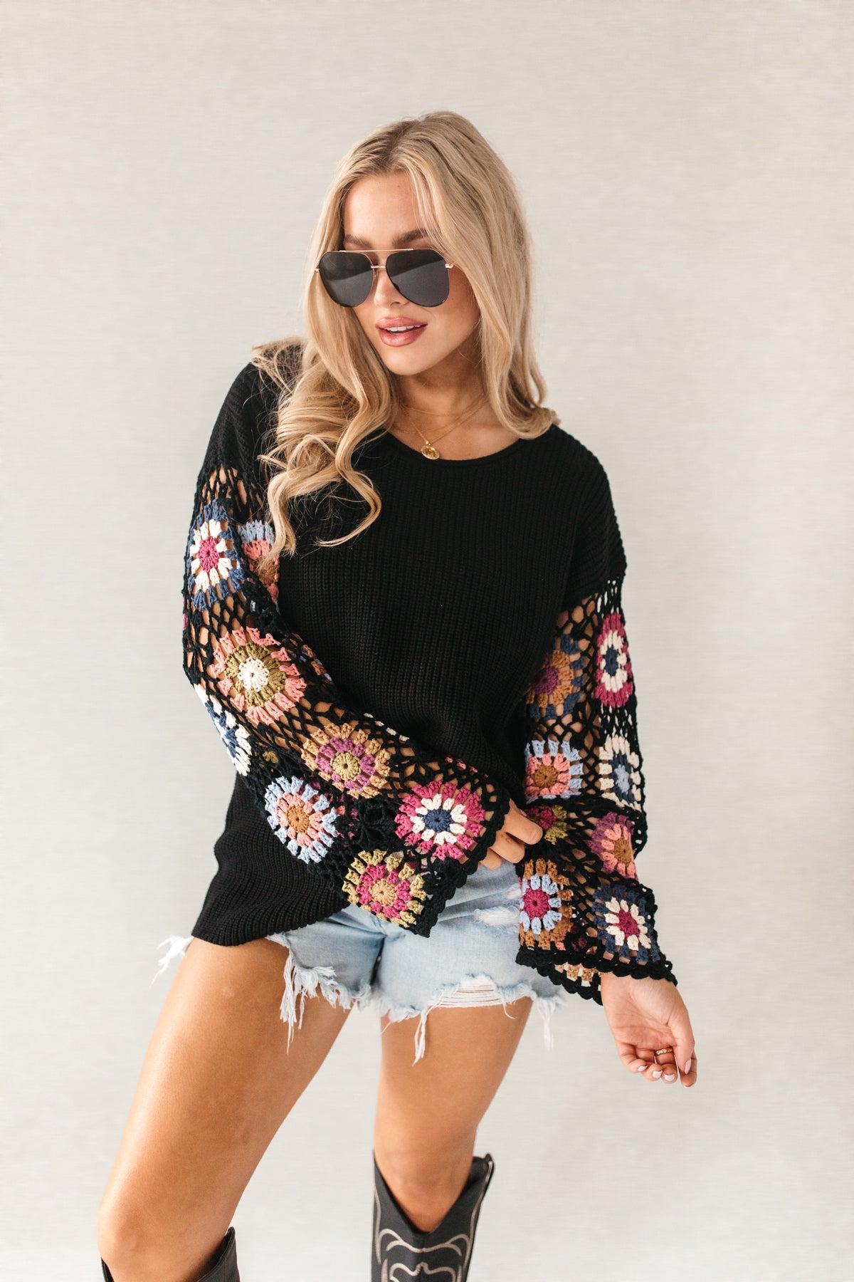 Crochet Sleeve Sweater, alternate, color, Black