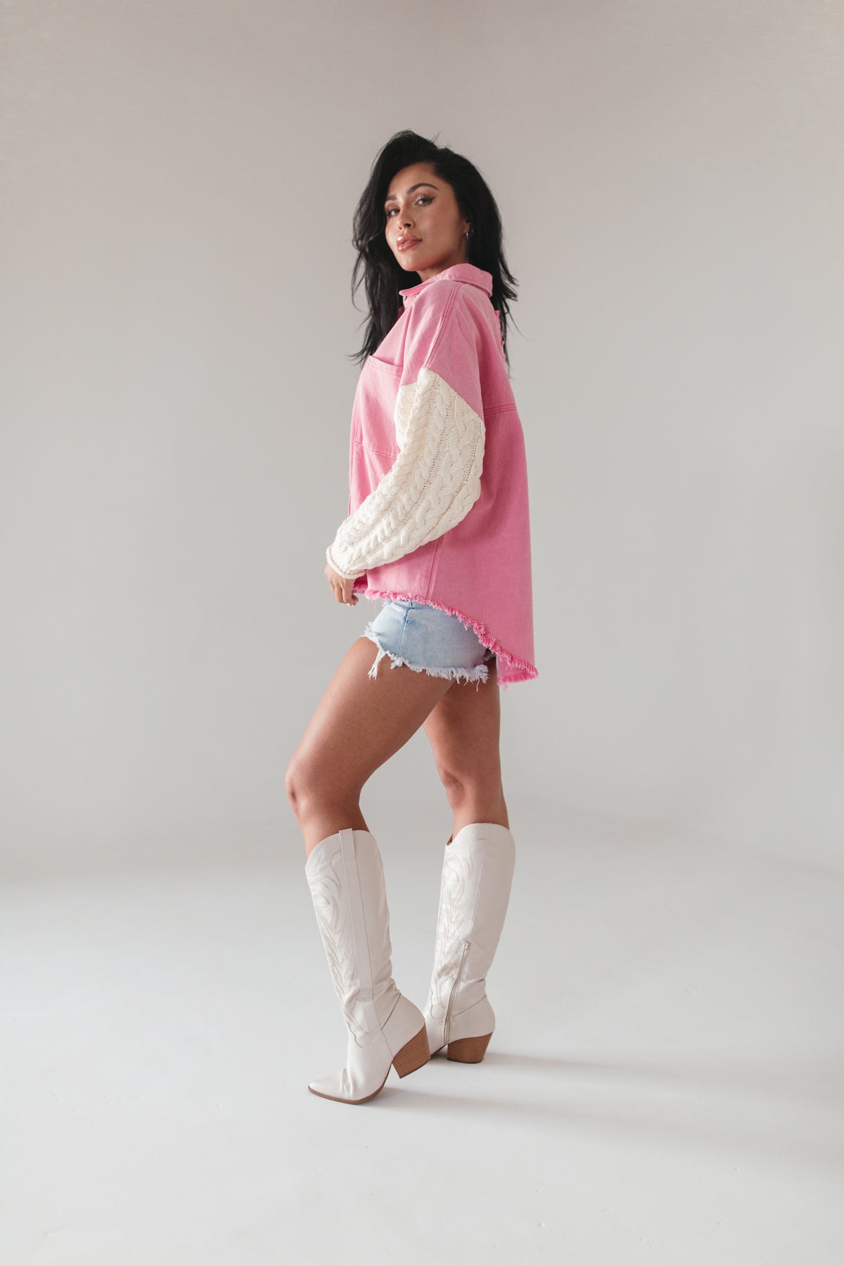 Cable Knit Sleeve Shacket, alternate, color, Hot Pink