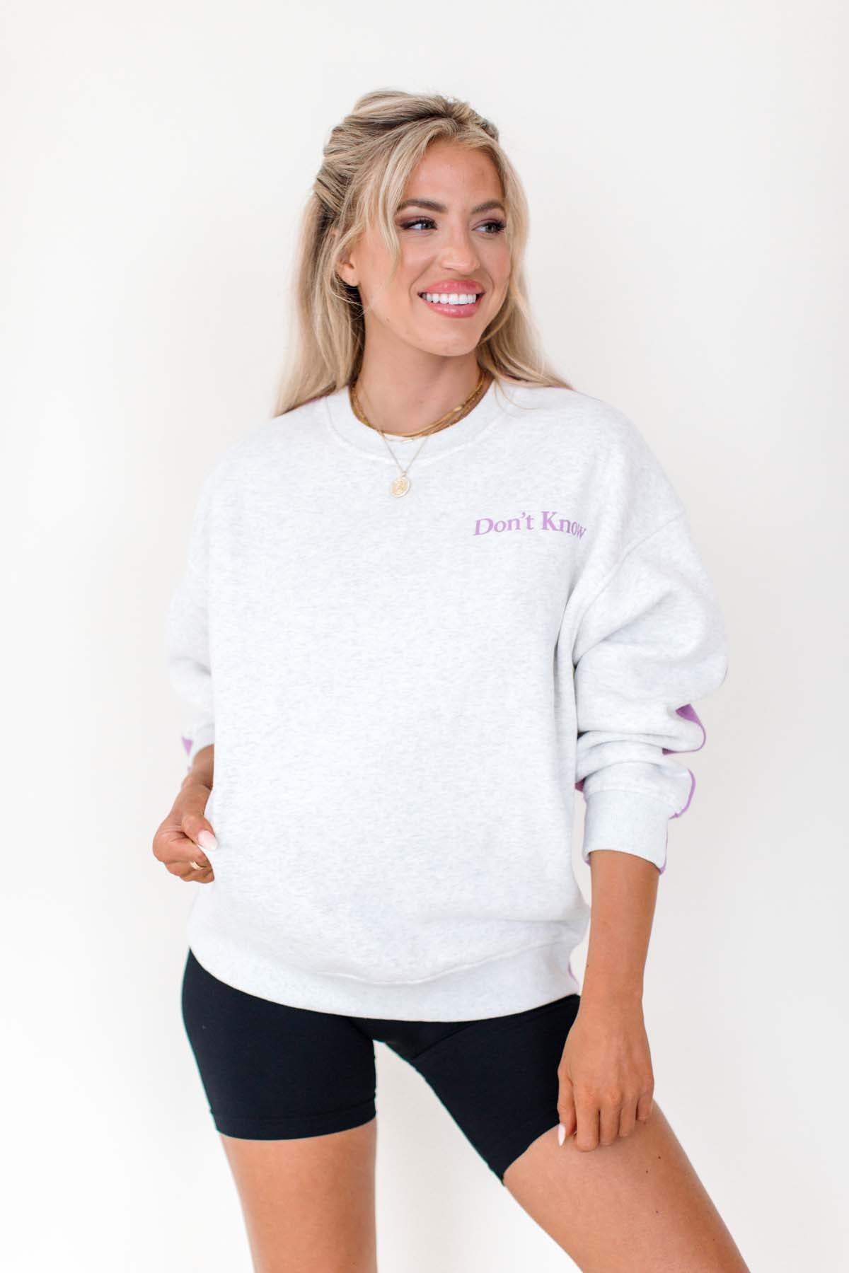 Don't Know, Don't Care Sweatshirt, alternate, color, Heather-Grey Lavender