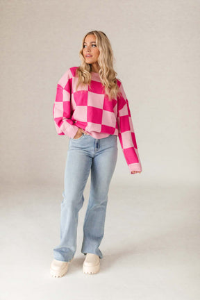 Alex Fuchsia Checkered Sweater, alternate, color, Fuchsia