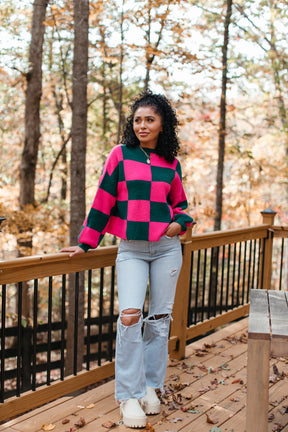 Holiday Checkered Sweater, alternate, color, Fuchsia/Hunter