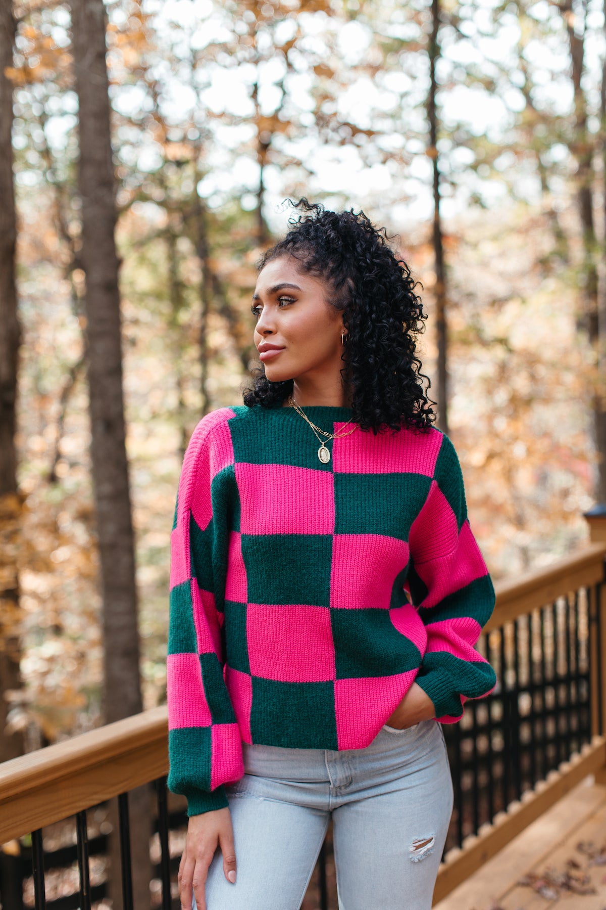 Holiday Checkered Sweater, alternate, color, Fuchsia/Hunter