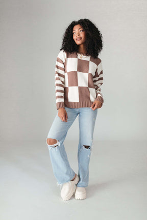 Fuzzy Checkered Sweater, Alternate, Color, Taupe