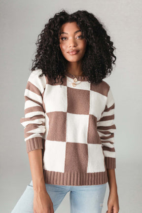 Fuzzy Checkered Sweater, Alternate, Color, Taupe