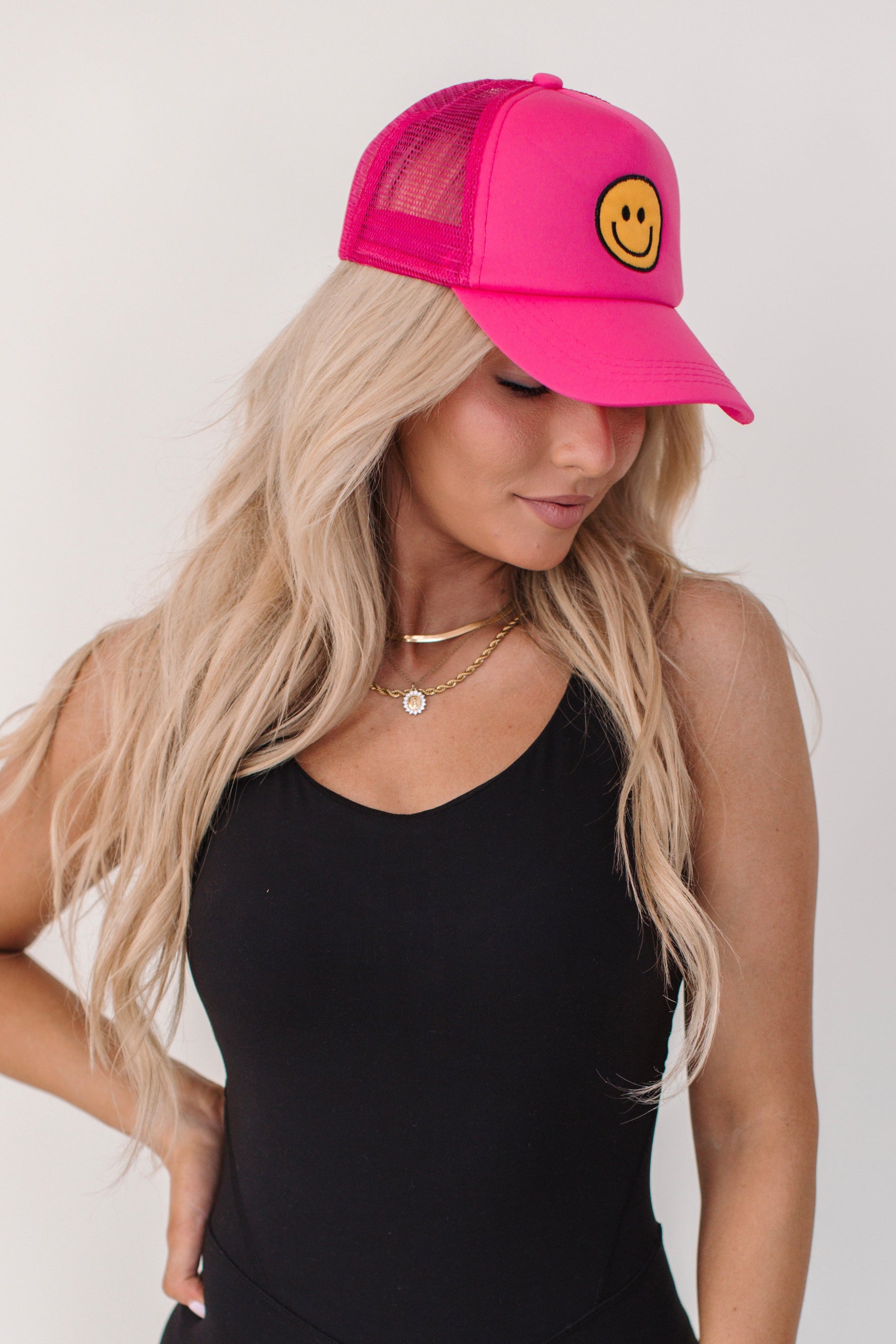 Hot Pink Smiley Trucker Hat, alternate, color, Hot Pink