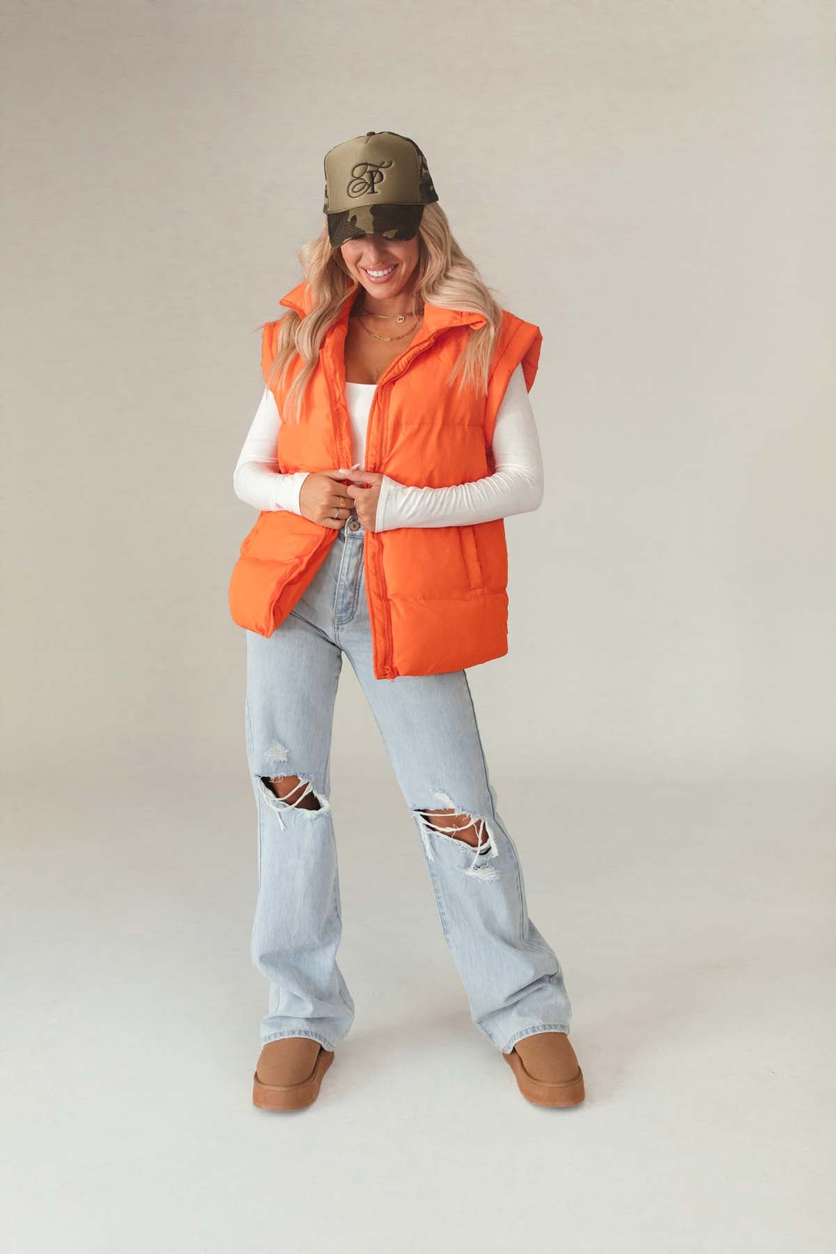 Neon Orange Oversized Puffer Vest, Alternate, Color, Neon Orange