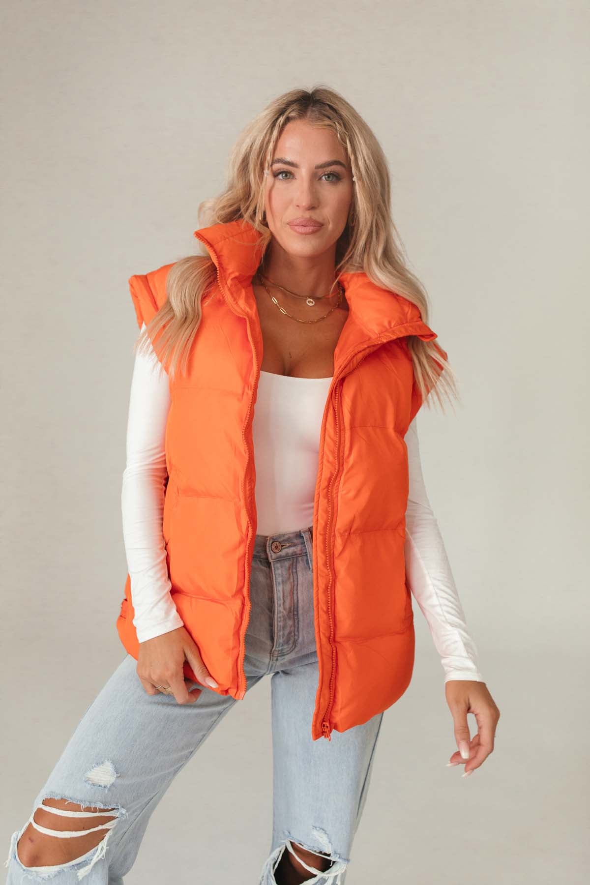 Neon Orange Oversized Puffer Vest, Alternate, Color, Neon Orange