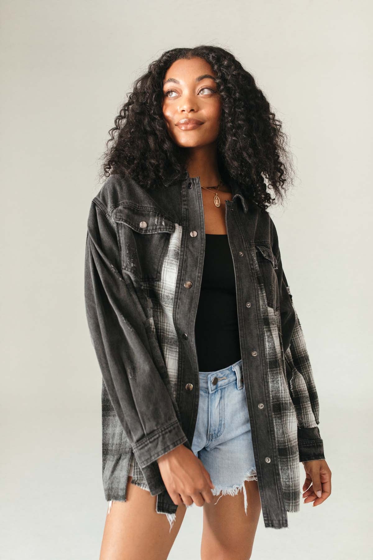 Kinsley Oversized Black and Plaid Shacket, Alternate, Color, Black