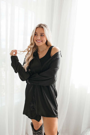 Courtney Black Satin Tunic Dress, alternate, color, Black
