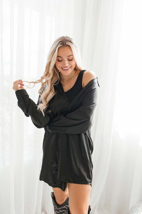 Courtney Black Satin Tunic Dress, alternate, color, Black