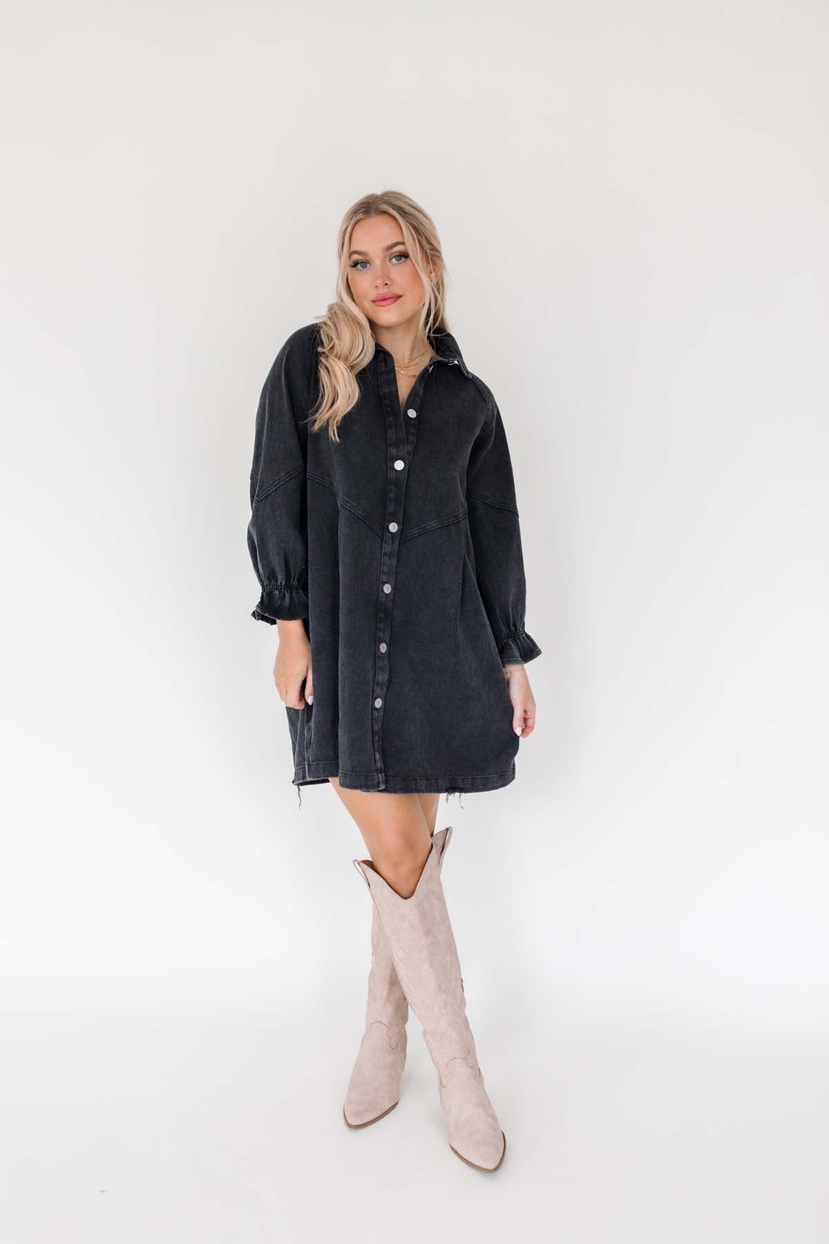 Presley Washed Black Button Down Dress