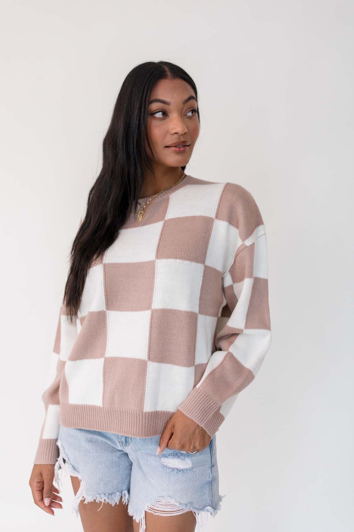 Alex Checkered Lightweight Sweater, Alternate, Color, Taupe