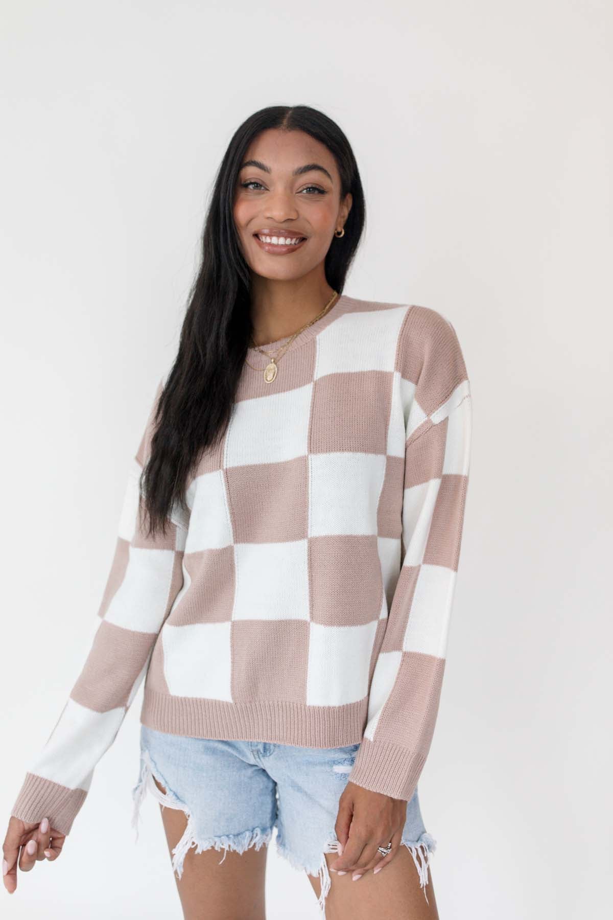 Alex Checkered Lightweight Sweater, Alternate, Color, Taupe