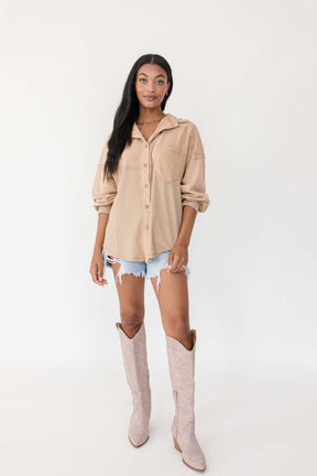 Jessica Taupe Button Down, Alternate, Color, Taupe