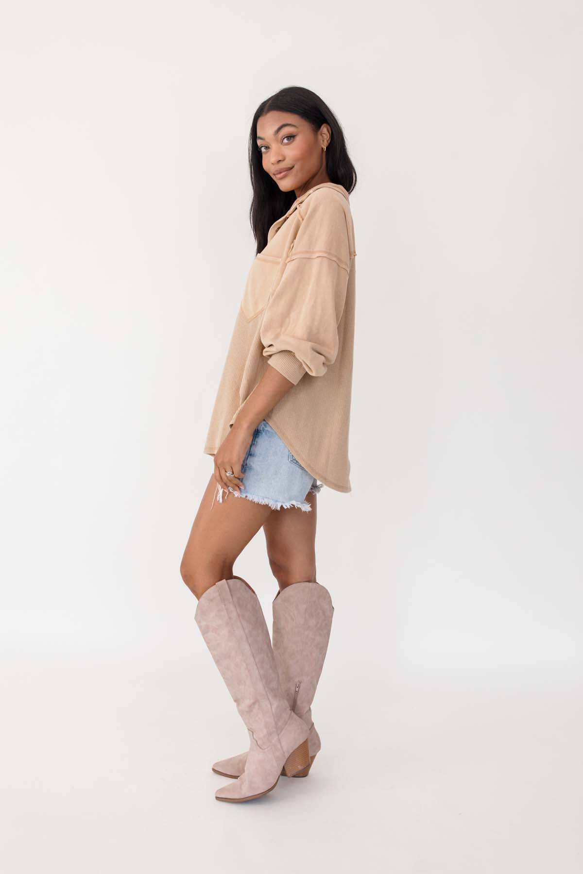 Jessica Taupe Button Down, Alternate, Color, Taupe
