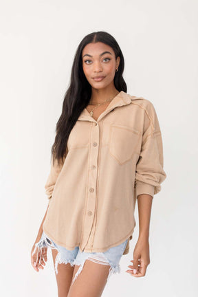 Jessica Taupe Button Down, Alternate, Color, Taupe