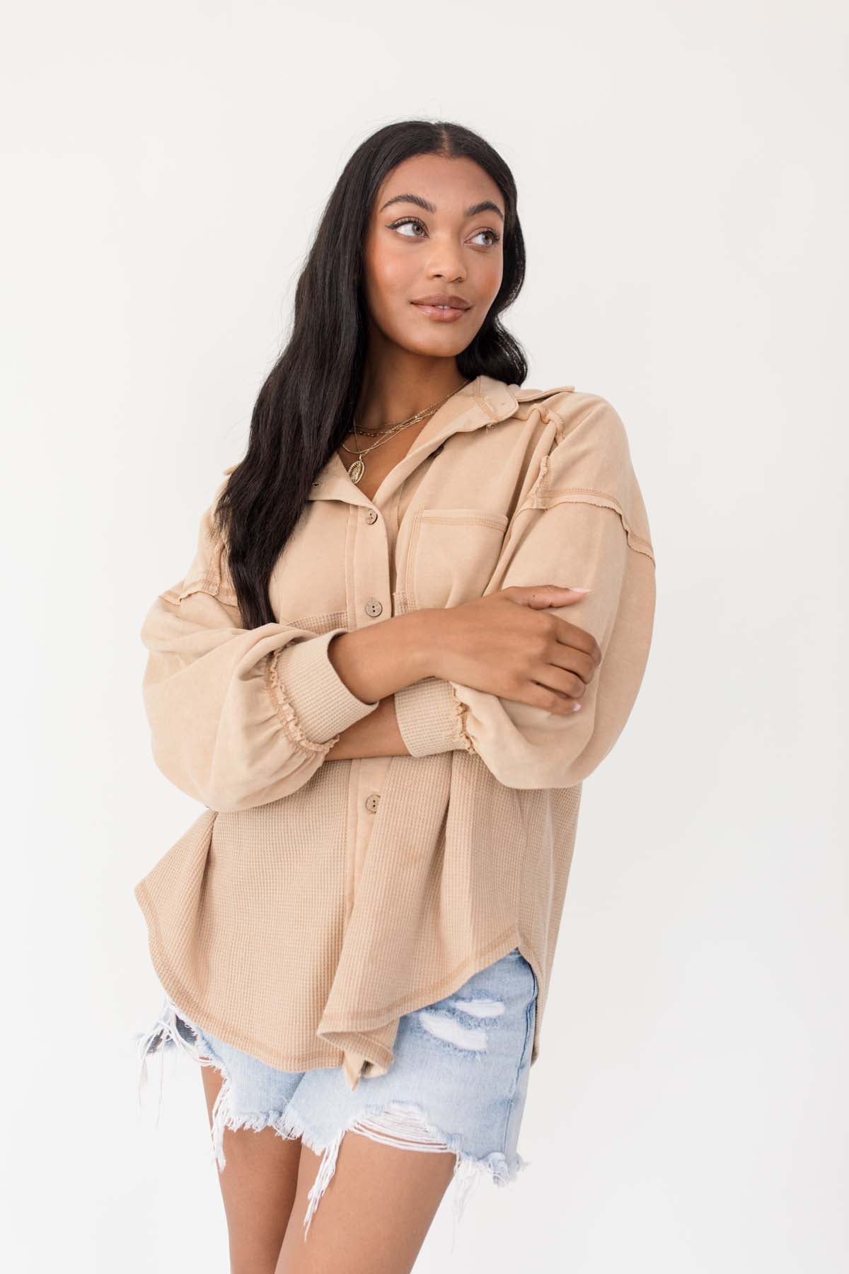 Jessica Taupe Button Down, Alternate, Color, Taupe
