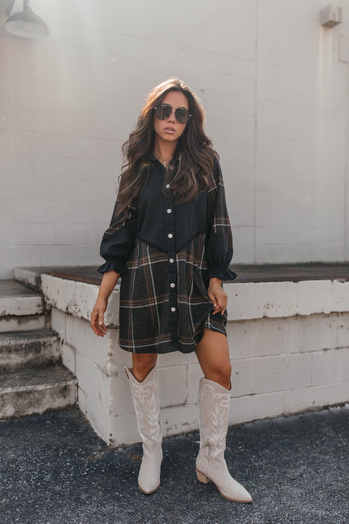 Presley Plaid Button Down Dress, alternate, color, Black