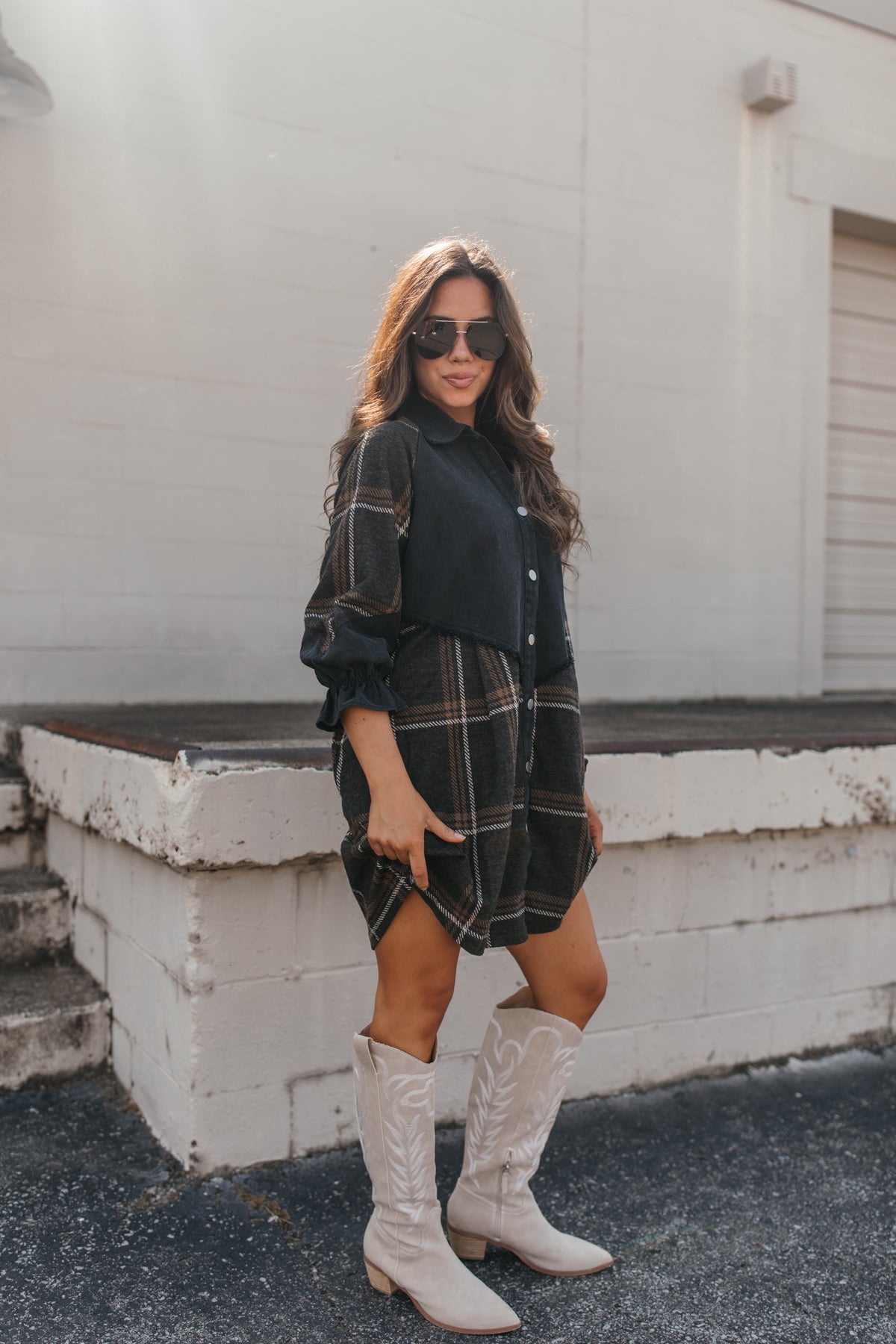 Presley Plaid Button Down Dress, alternate, color, Black