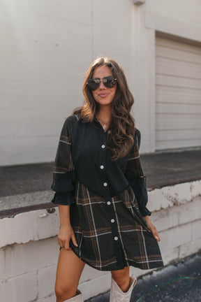 Presley Plaid Button Down Dress, alternate, color, Black