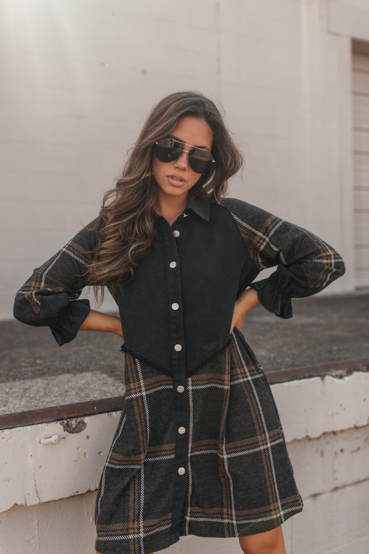 Presley Plaid Button Down Dress, alternate, color, Black