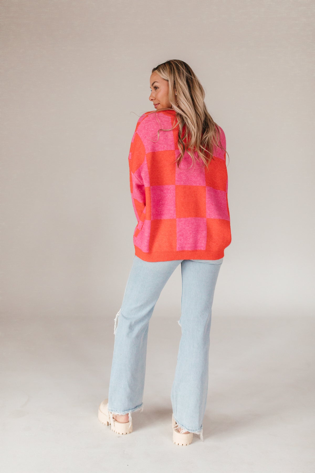 Izzy Knit Button Down, Alternate, Color, Hot Pink and Orange
