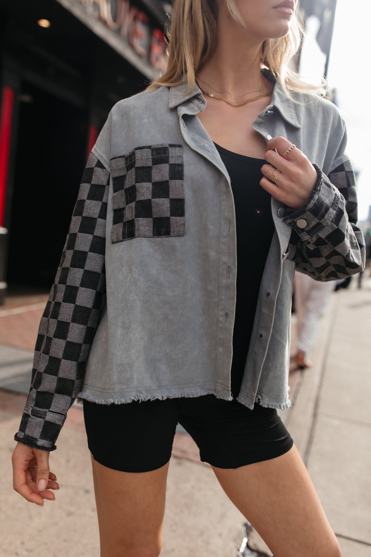 Karina Checkered Shacket, alternate, color, Black/Gray