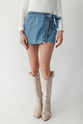 Braided Tie Skort, alternate, color, Denim